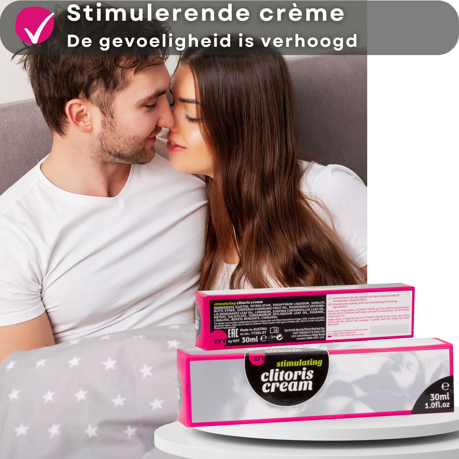 Koppel in bed, producttube en doos. Tekst: Stimulerende crème, gevoeligheid verhoogd.