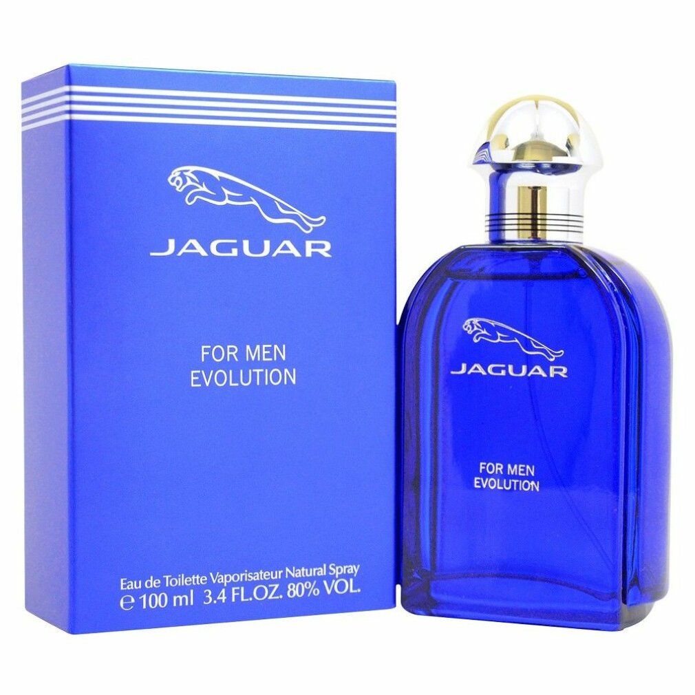 Flacon de parfum bleu avec bouchon doré et emballage bleu. Inscription: Jaguar, For Men Evolution.