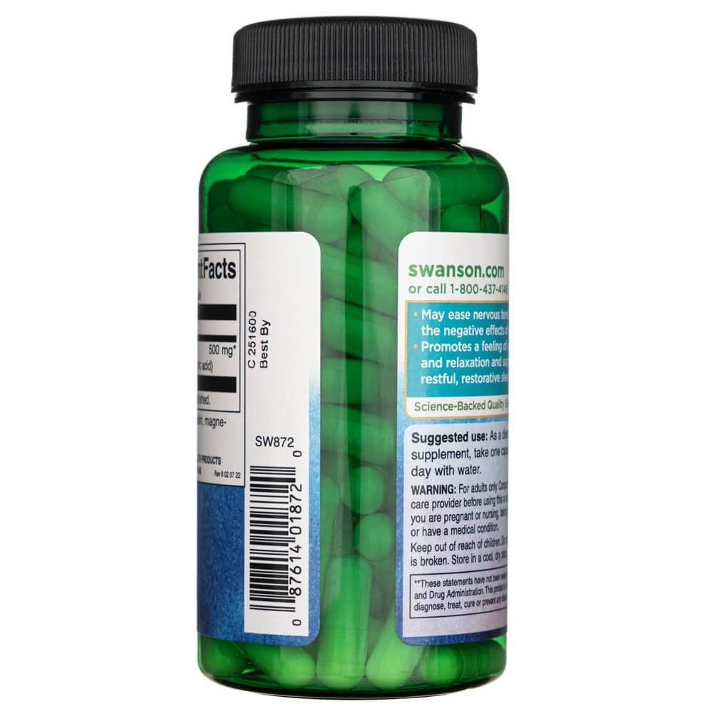 Zijkant van een groene fles met Swanson GABA 500 mg, gebruiksaanwijzing en waarschuwingen.