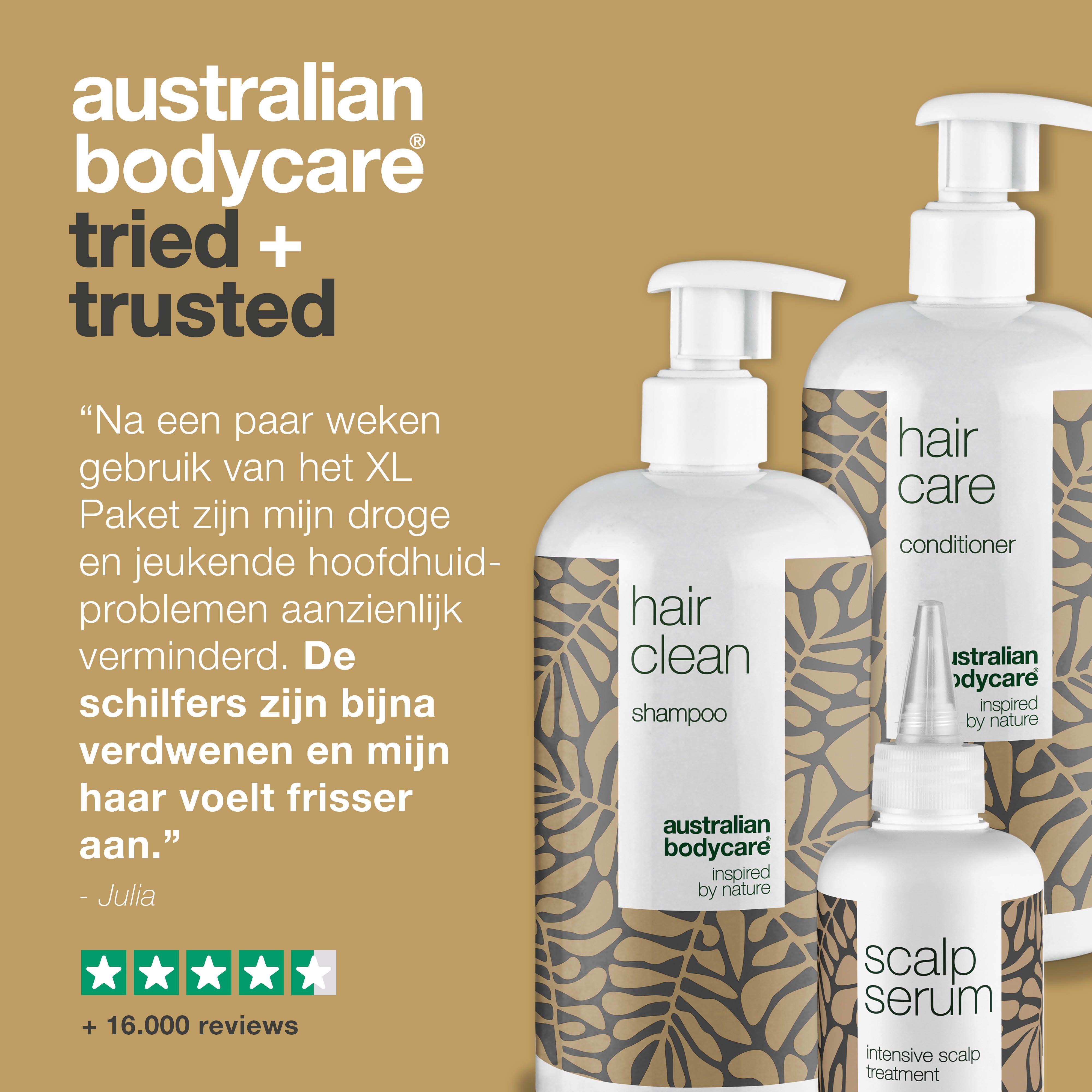 Drie flessen Australian Bodycare. Citaat: Na een paar weken zijn mijn droge en jeukende hoofdhuidproblemen verminderd.