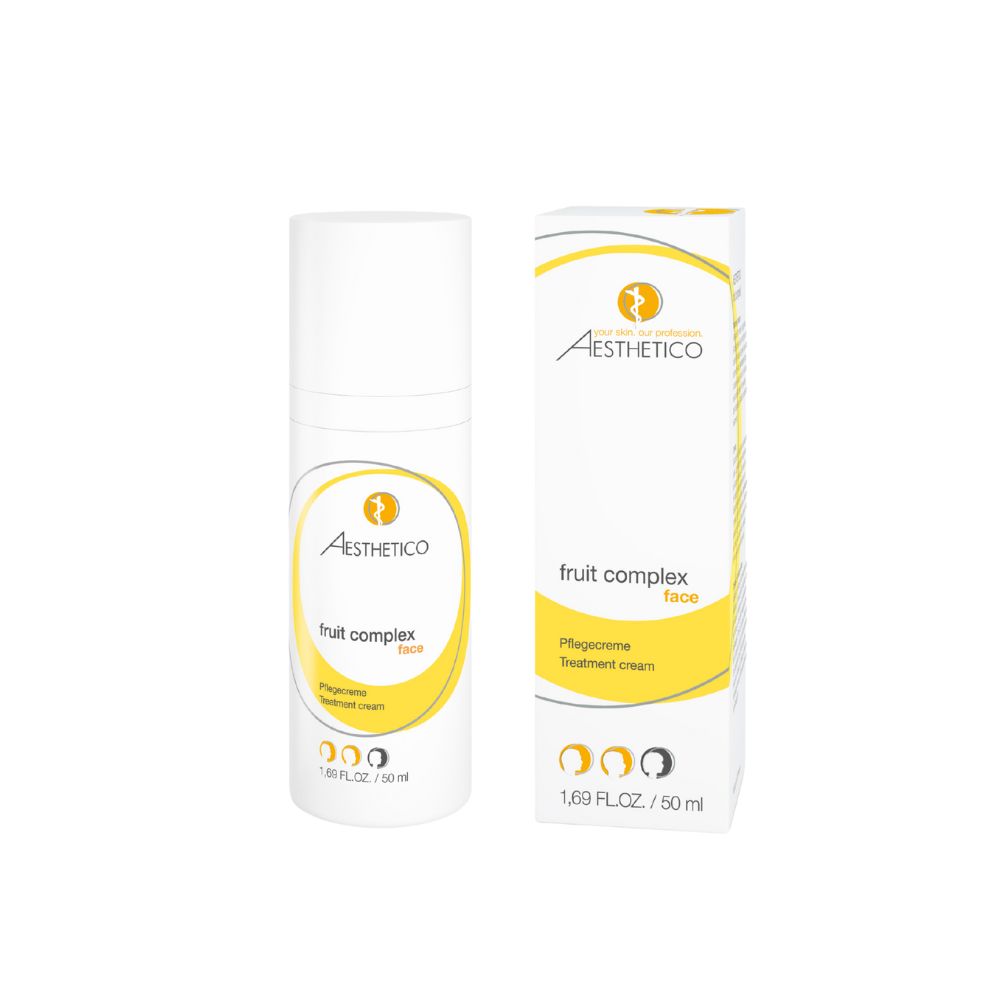 Flacon et emballage blancs avec accents jaunes. Inscription: Aesthetico, fruit complex face, Pflegecreme. 1.69 FL.OZ. / 50 ml.