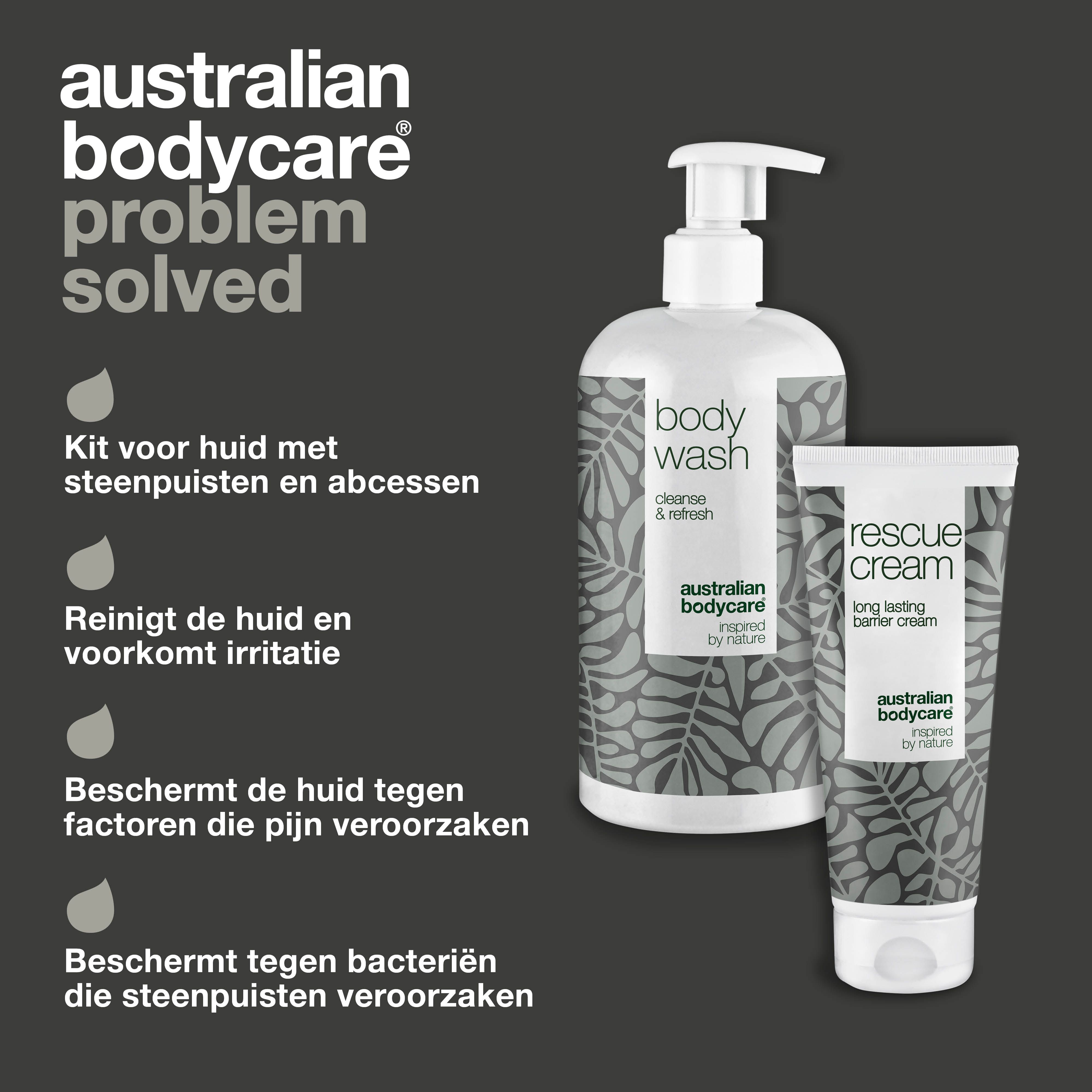Body Wash en Rescue Cream. Tekst: Body Wash, Rescue Cream, Australian Bodycare.