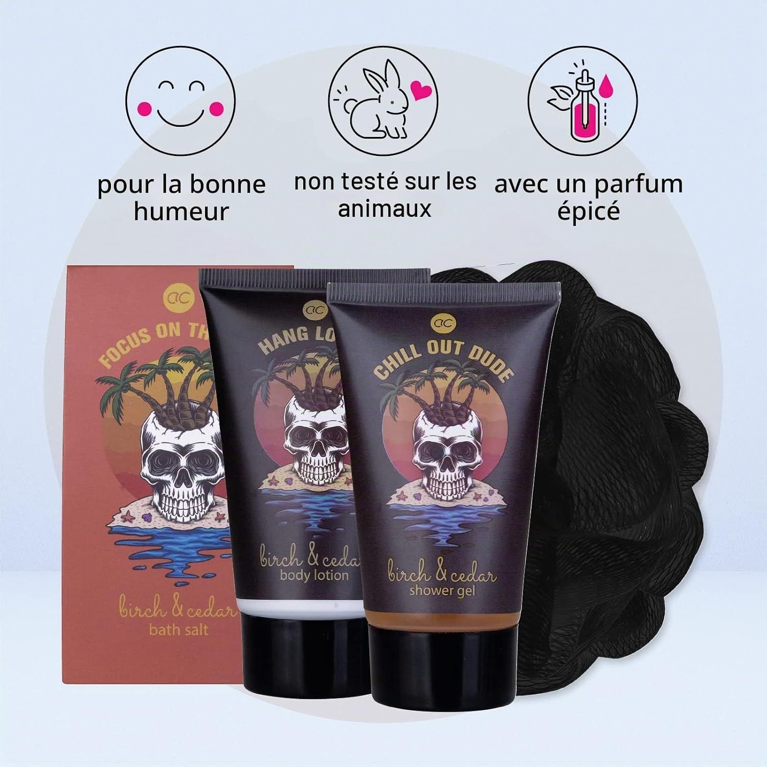 Trois produits cosmétiques : sels de bain, lotion corporelle et gel douche, design tête de mort. Non testé sur les animaux.