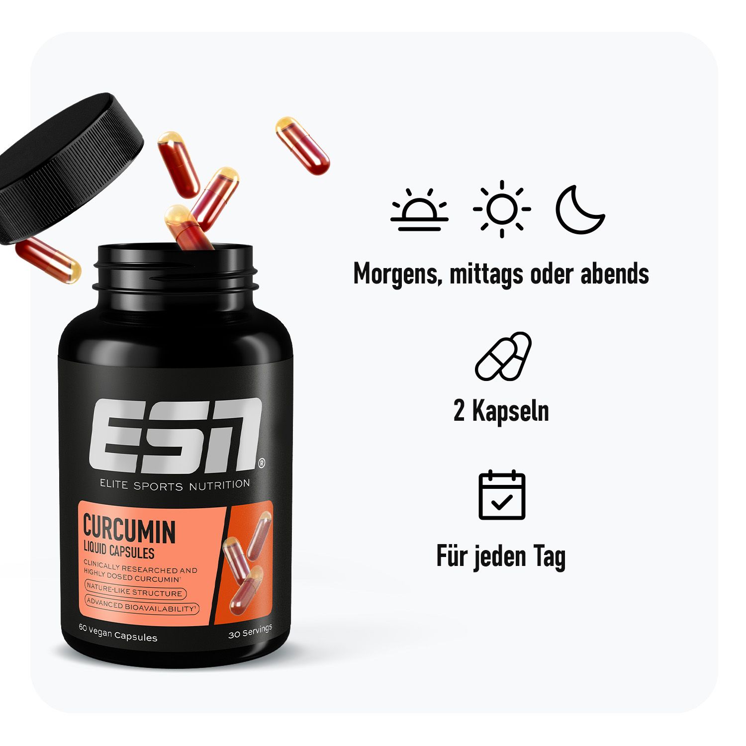 Open zwarte fles met capsules. Tekst: Ochtend, middag of avond, 2 capsules, Elke dag. Merk: ESN.