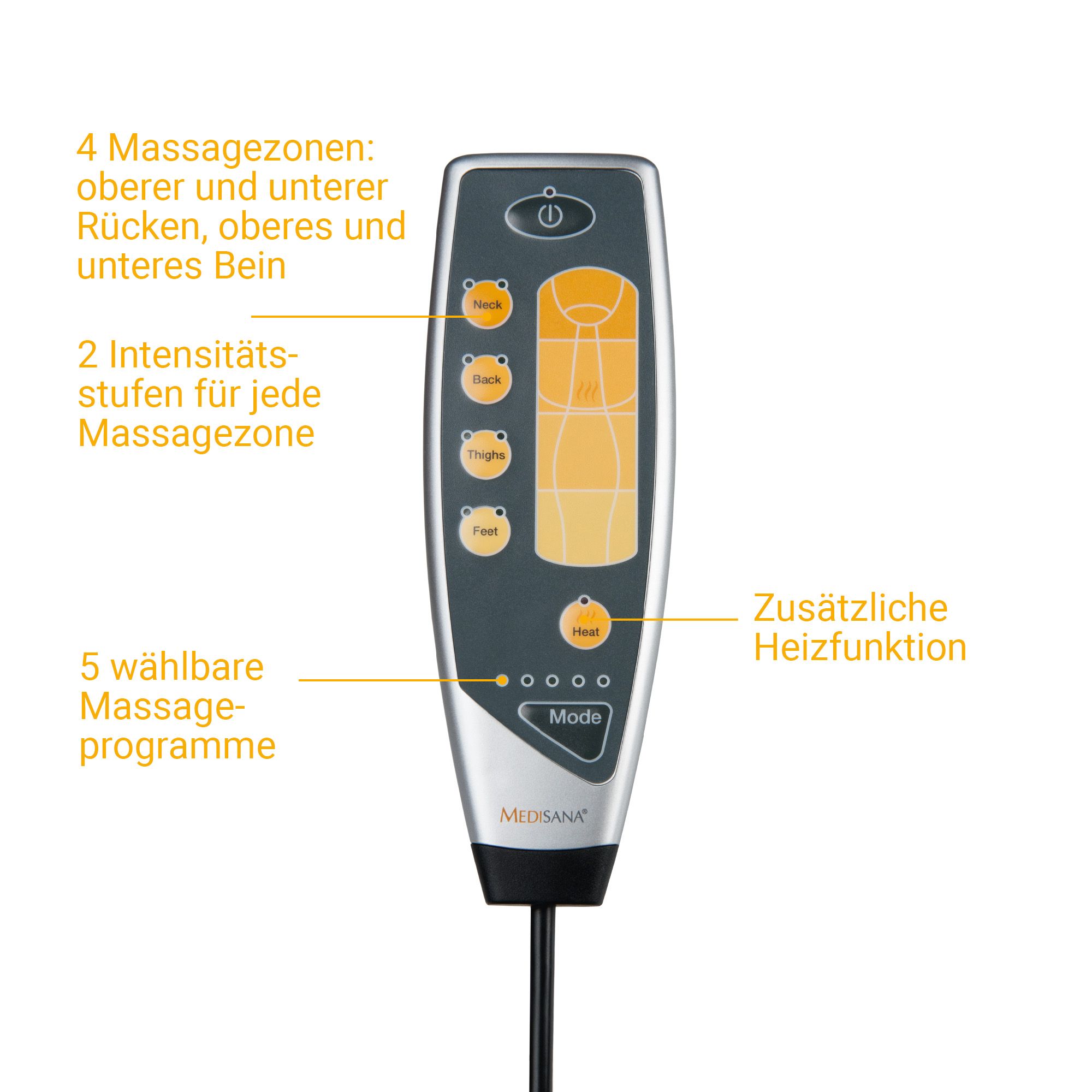 Télécommande pour tapis de massage : 4 zones, 2 intensités, 5 programmes, fonction chauffante.