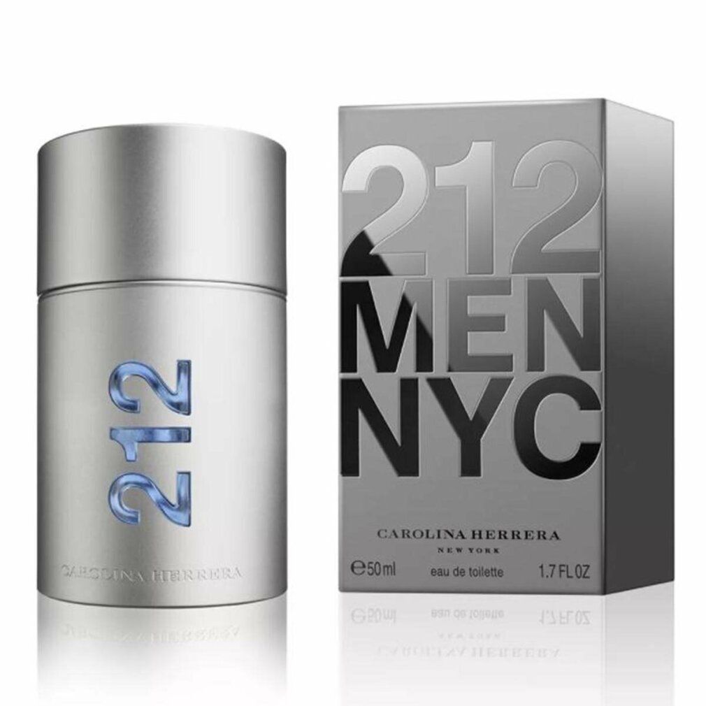 Flacon de parfum et emballage. L'emballage porte la mention "212 MEN NYC" et "Carolina Herrera". Le flacon affiche "212" en bleu.