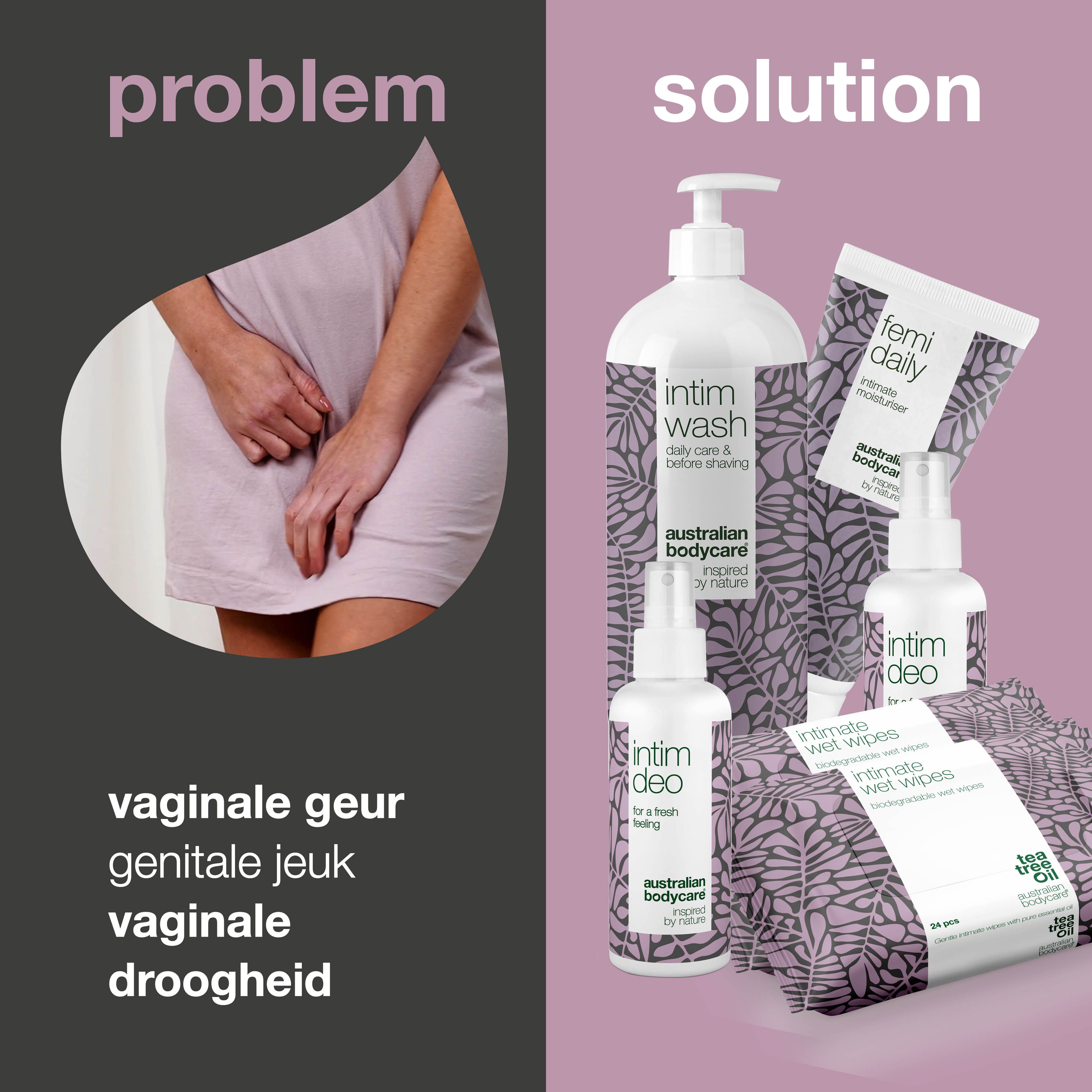 Vergelijking van problemen en oplossingen. Producten: intieme wasgel, moisturizer, deodorant en doekjes.