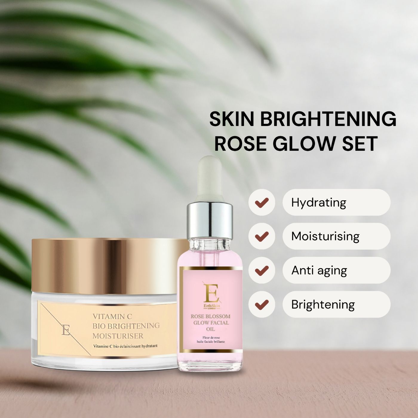 Ensemble d'huile et de crème hydratante pour le visage avec texte. Pot de crème à couvercle doré, à côté d'une bouteille en verre avec pipette. Les deux avec des étiquettes. Puces.