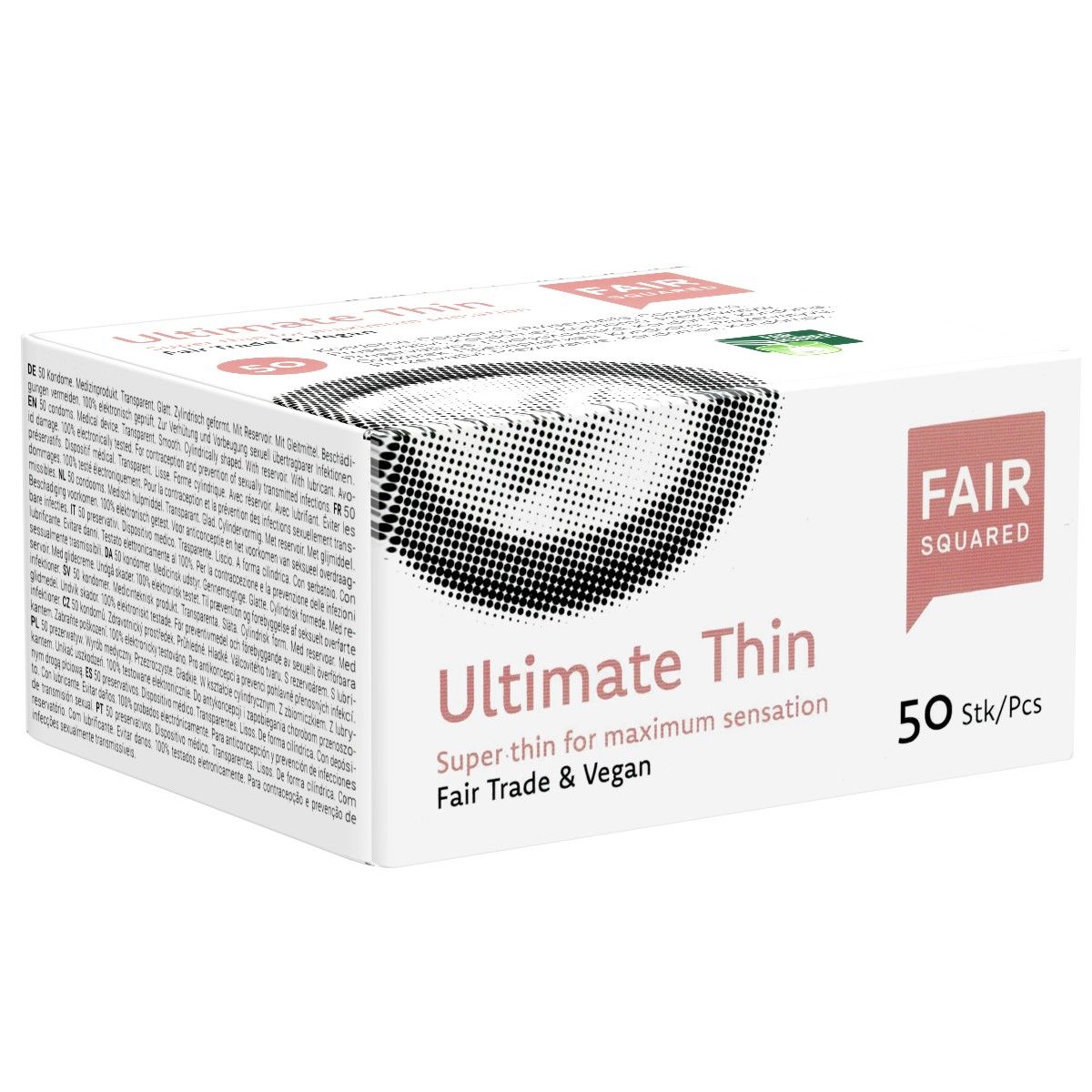 Boîte de préservatifs Fair Squared Ultimate Thin, 50 pièces. Blanche avec texte et logos.