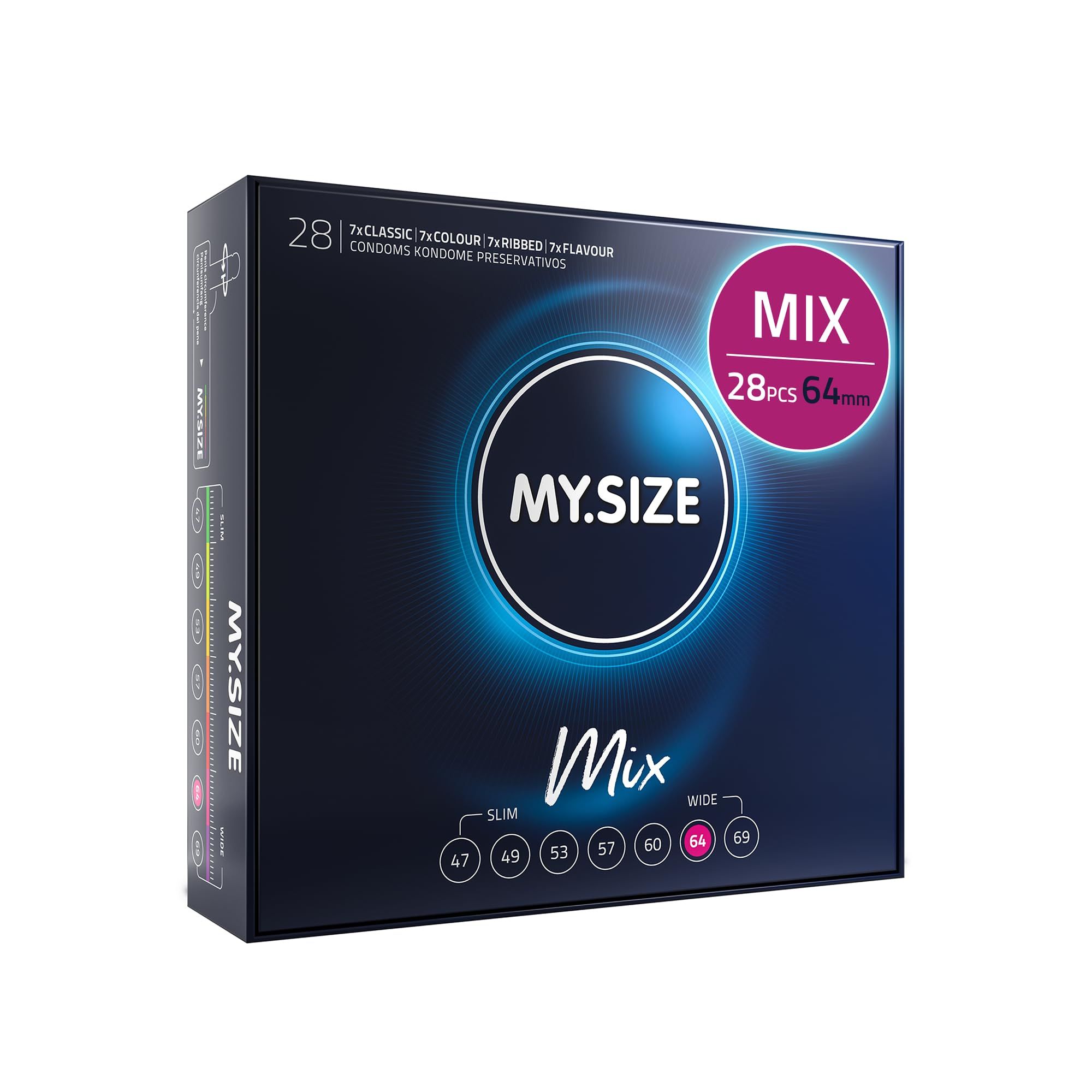 MY.SIZE Mix préservatifs 64mm. Quatre variantes: Classic, Colour, Flavour, Ribbed. Emballages individuels de 7 pièces.