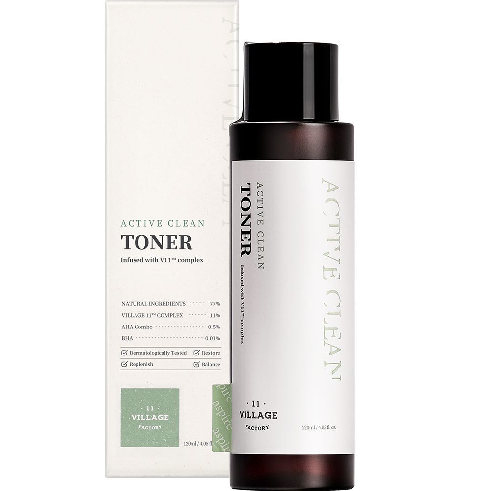 Flacon et emballage du produit. Inscription: ACTIVE CLEAN TONER. Marque: VILLAGE 11 FACTORY.