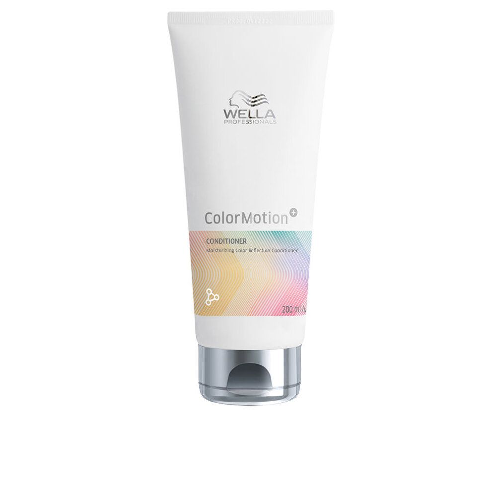 Tube blanche avec bouchon argenté. Inscription: Wella Color Motion Conditioner. Dégradé de couleurs et logo.