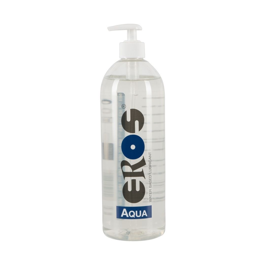 Transparante fles met doseerpomp. Opschrift: EROS Aqua. Glijmiddel op waterbasis.