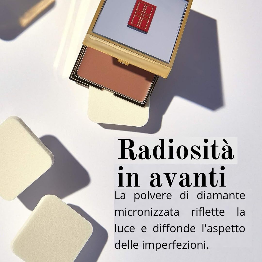 Compactpoeder met sponzen. Tekst: Straling vooruit. Gemicroniseerd diamantpoeder.