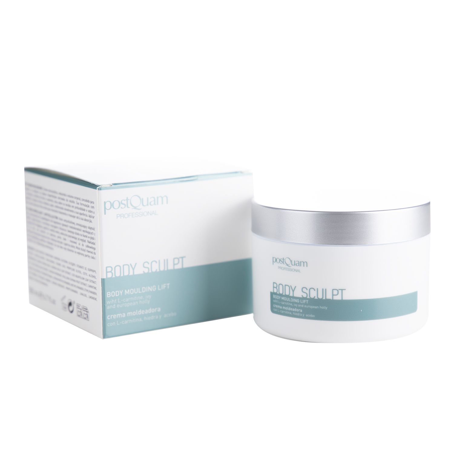 Pot de crème et emballage. Blanc, accents bleu-gris. Texte: Postquam, Body Sculpt, Anti-Cellulite.