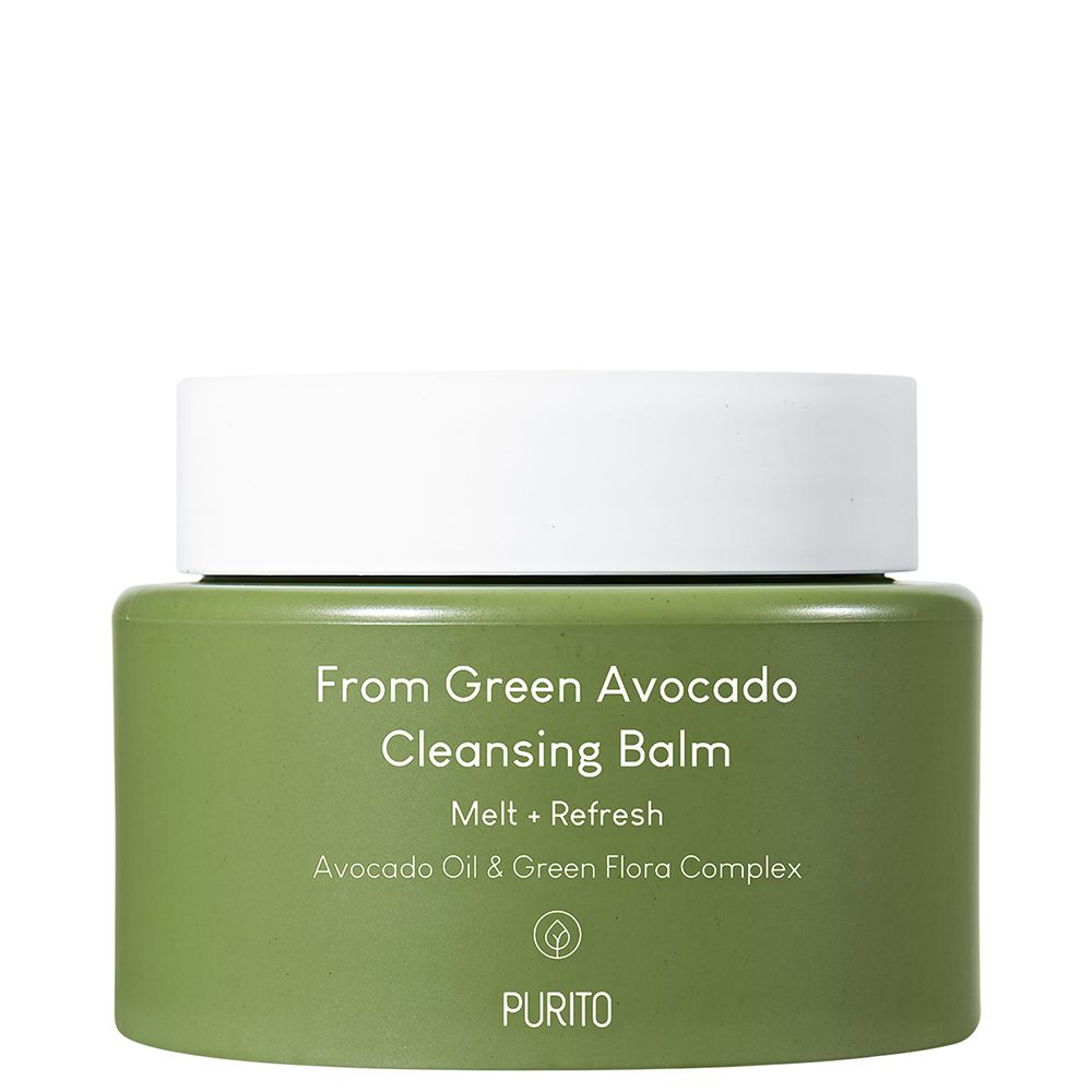 Pot vert avec couvercle blanc, inscription 'From Green Avocado Cleansing Balm'.