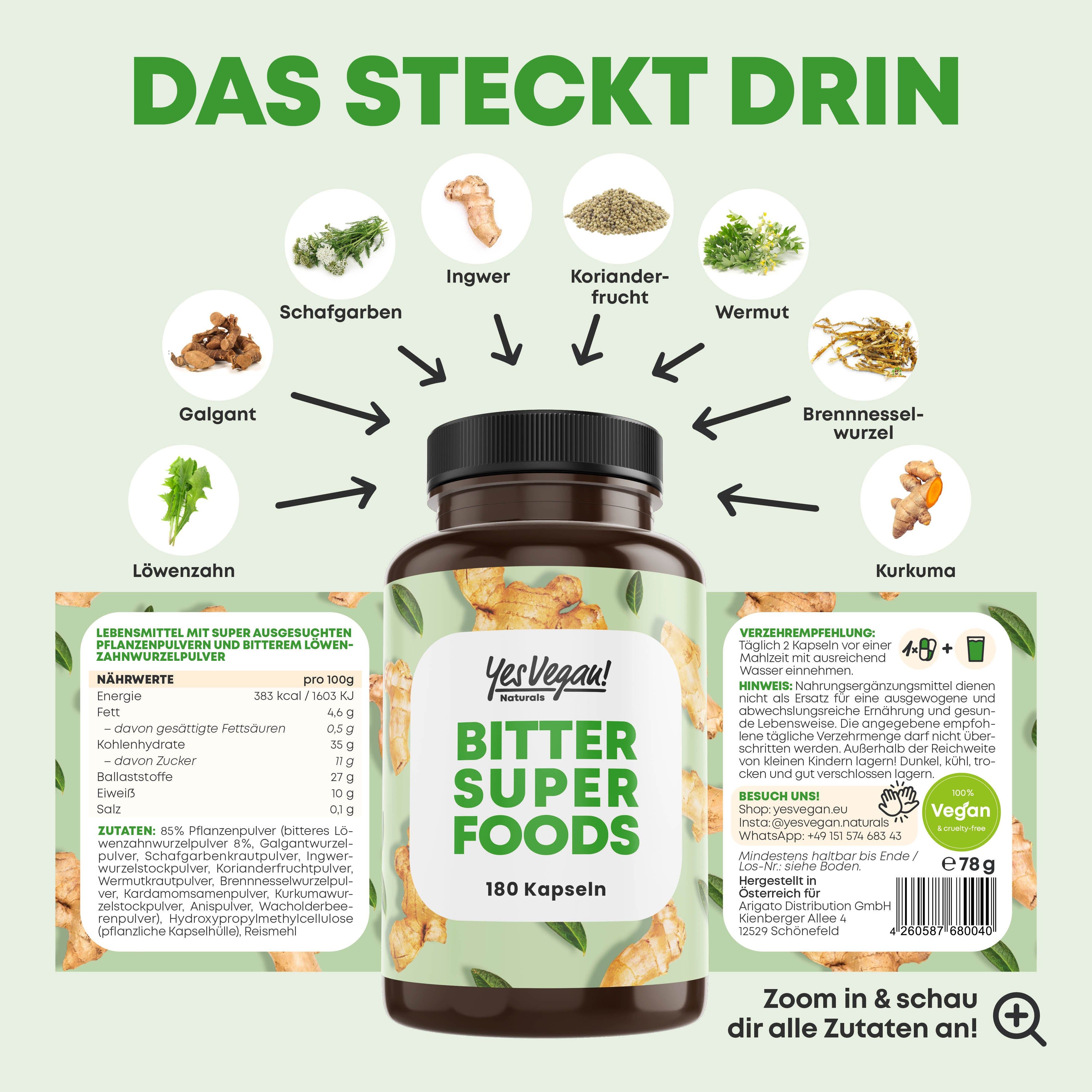 Fles Yes Vegan Bitter Super Foods capsules, 180 stuks. Bevat gember, kurkuma en andere ingrediënten.