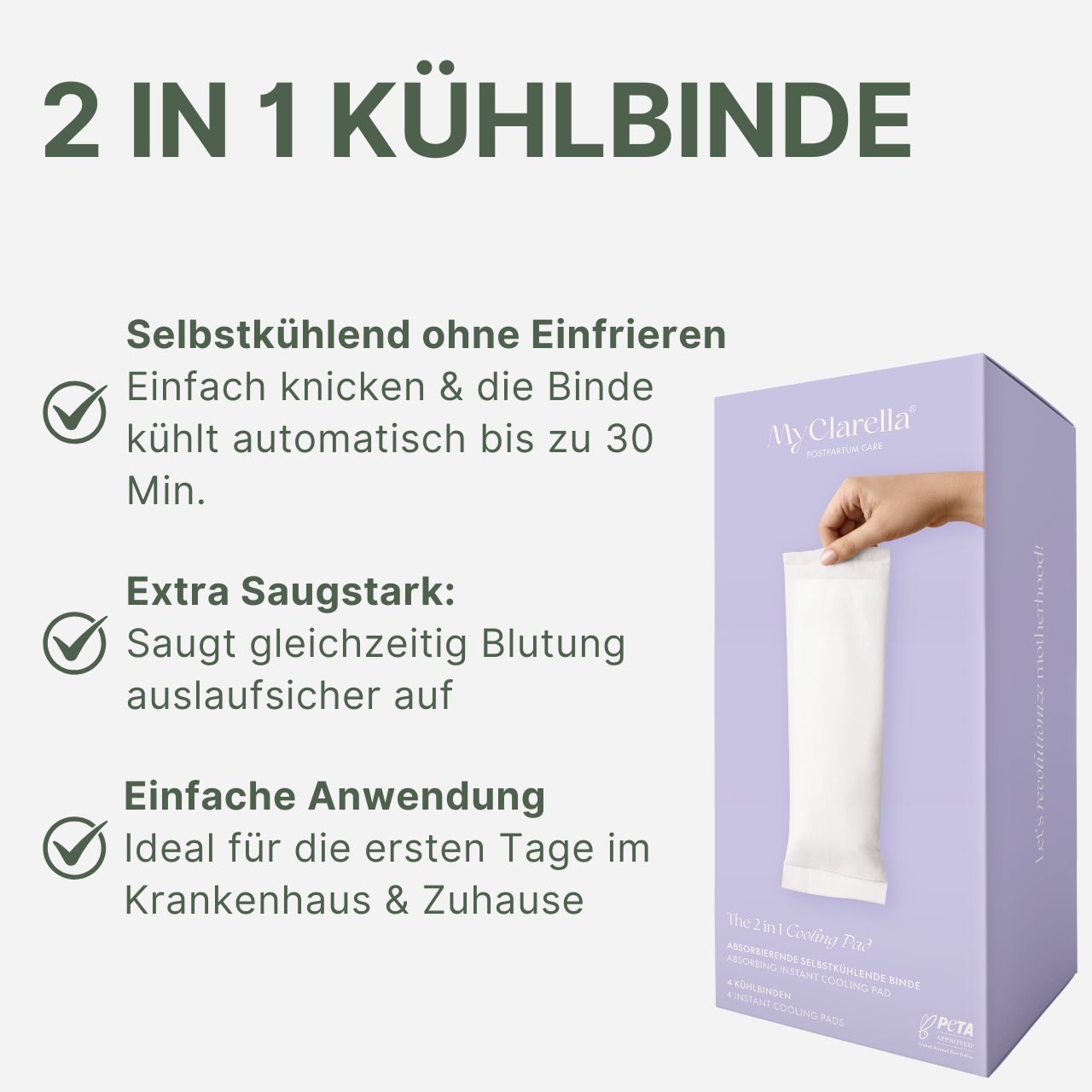 2-in-1 koelverband in paarse verpakking. Tekst: Zelfkoelend, extra absorberend, gemakkelijk te gebruiken. PETA-logo. Hand opent verpakking.