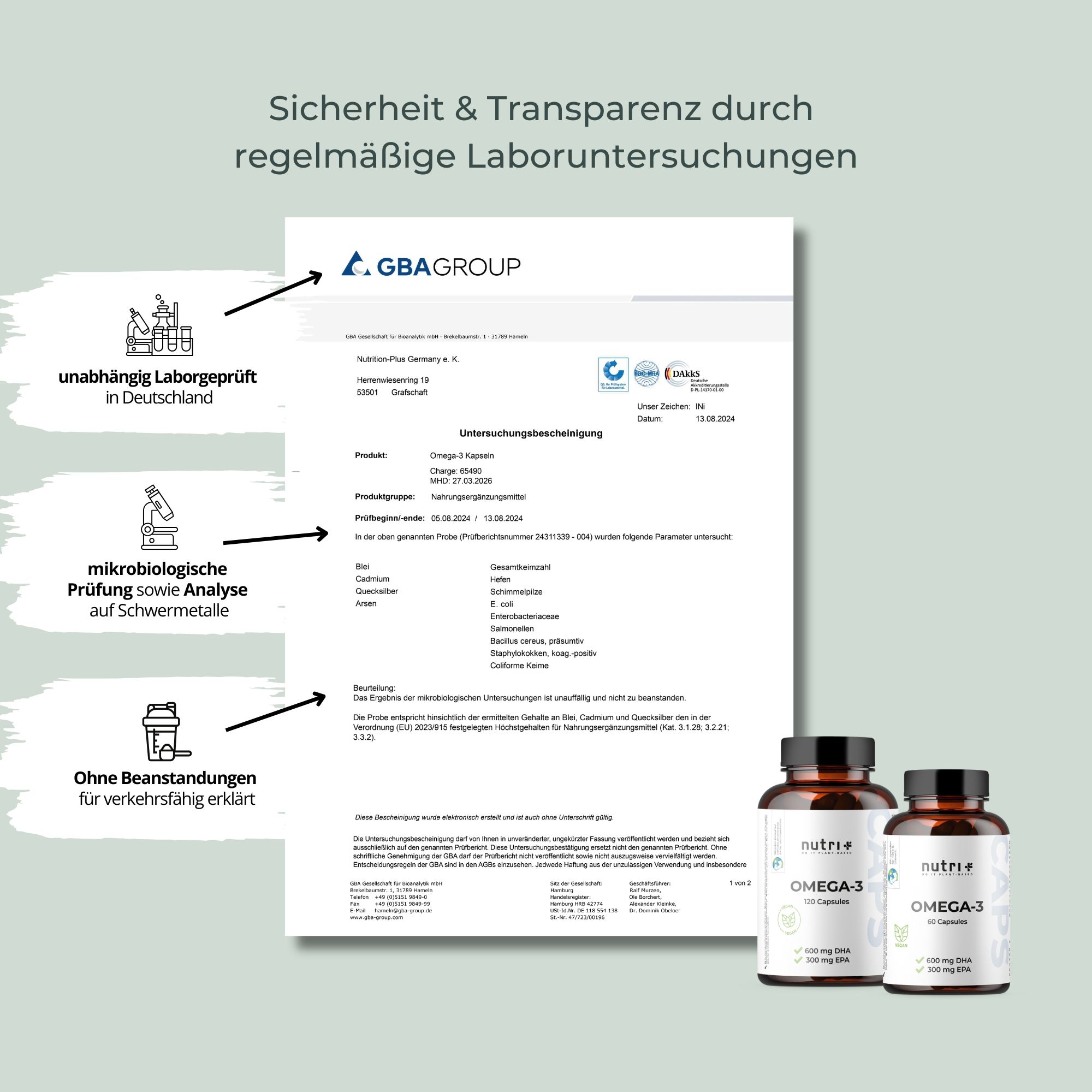 Deux flacons nutri+ Omega-3 à côté d'un document. Texte : Sécurité et transparence grâce à des analyses de laboratoire régulières. Logo GBA Group.
