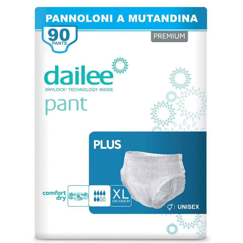 Verpakking Dailee Pants Plus. XL-maat, 90 stuks. Unisex. Comfort en droog.