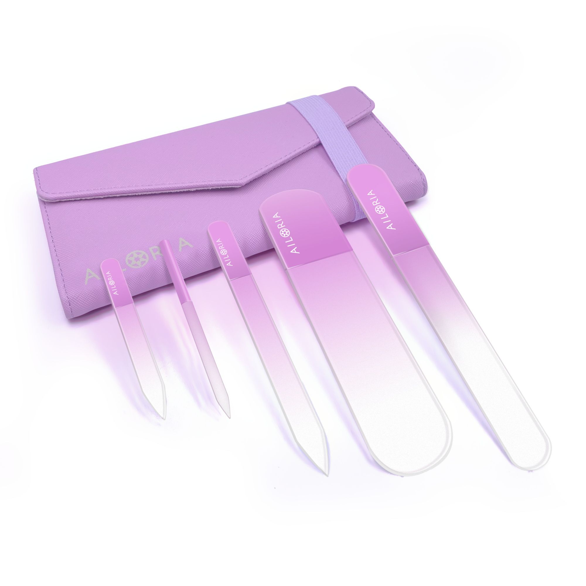 Set de limes à ongles avec étui. Différentes formes et tailles de limes. Dégradé de transparent à rose. Marque AILORIA.