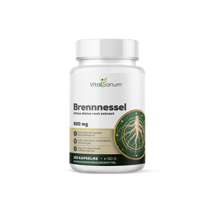Witte pot VitaSanum Brennnessel 500 mg. Wortel illustratie. 100 capsules. Voedingssupplement.