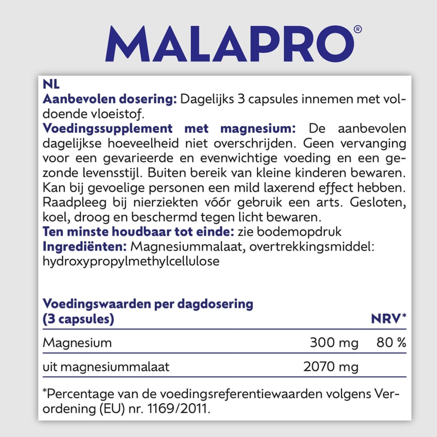 Tekst: MALAPRO, Magnesiummalaat. Ingrediënten, voedingswaarden. Symbolen: capsule, blad, X.
