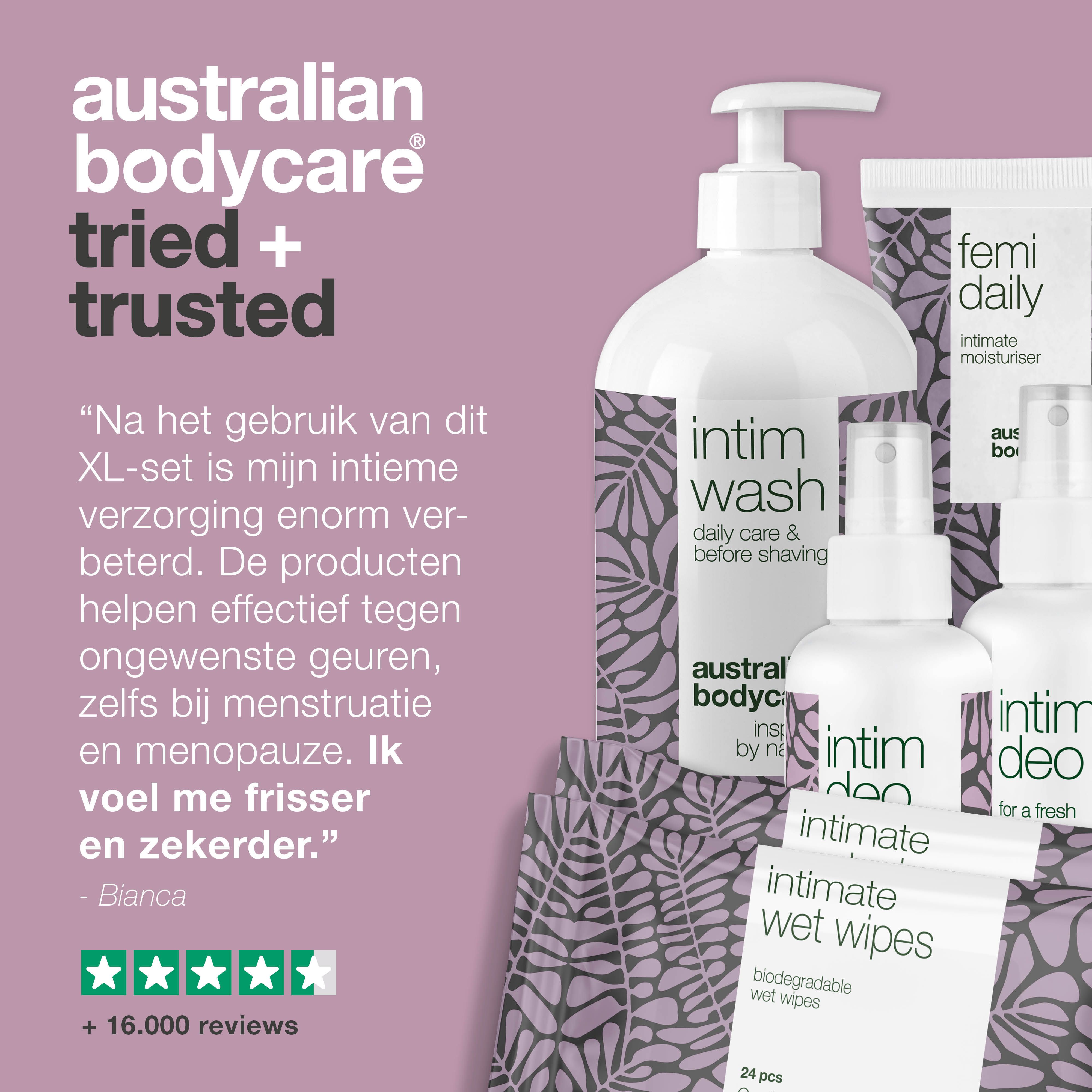 Productset met intieme verzorgingsproducten. Tekst: 'Australian Bodycare' en getuigenis van een klant.