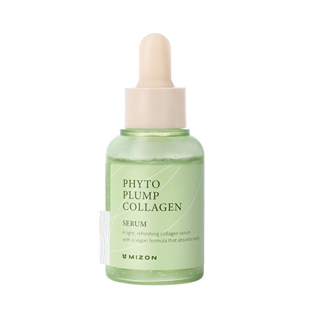 Flacon en verre vert avec sérum, bouchon clair et pipette. Inscription : Phyto Plump Collagen Serum. Marque : MIZON.