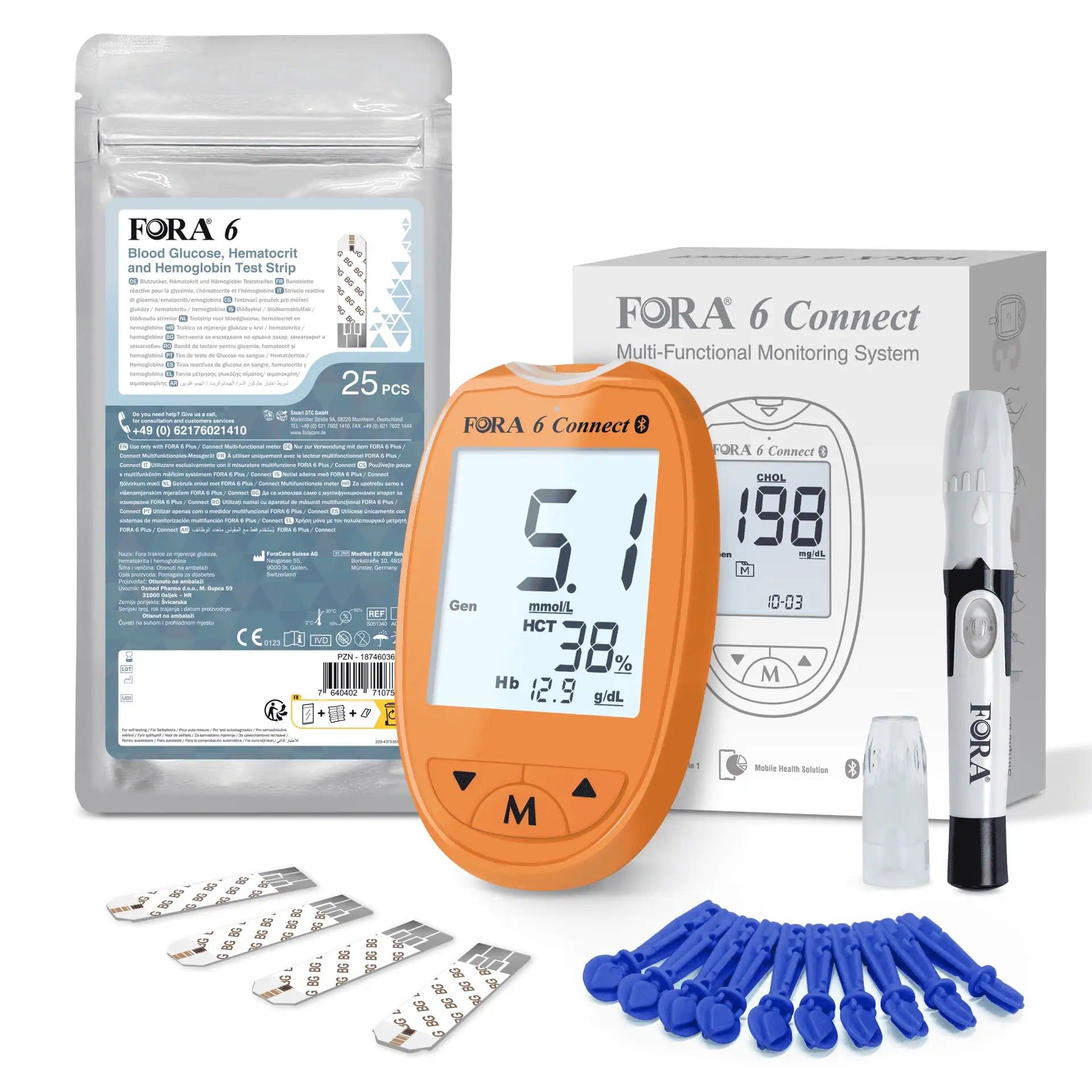 Oranje bloedglucosemeter, lancetten, teststrips en prikpen, verpakt met doos en zakje.