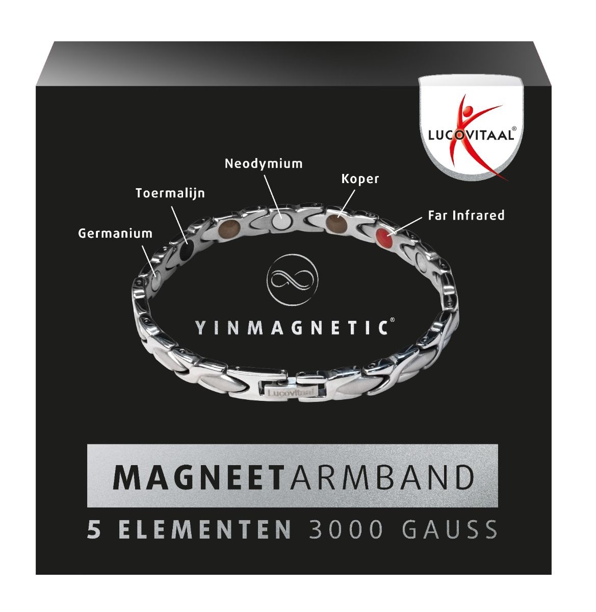 Yinmagnetic Argent magnetisch armband. Opschrift: 5 elementen 3000 Gauss. Merk Lucovitaal.