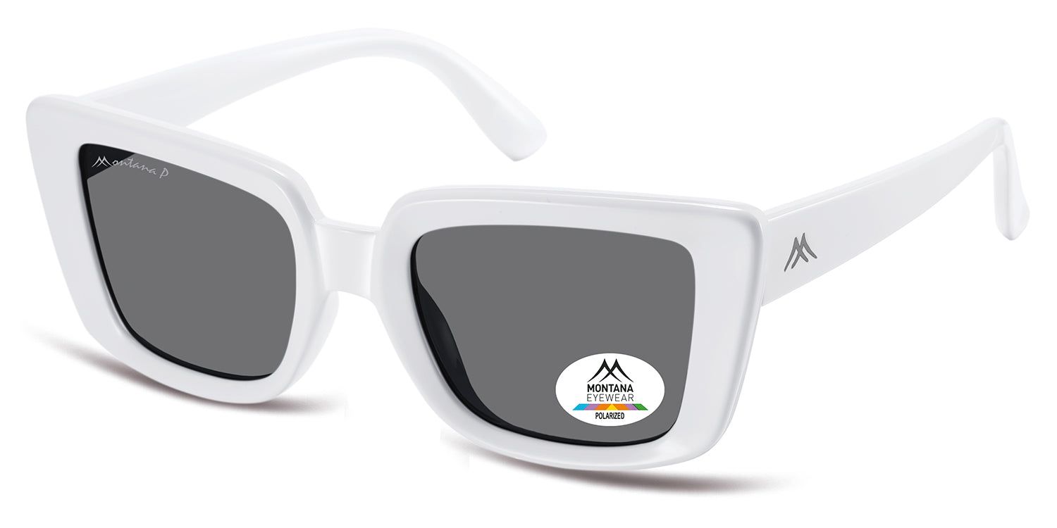 Witte zonnebril met grijze glazen. Montana Eyewear logo en polarisatie sticker op het glas. Vierkante vorm.
