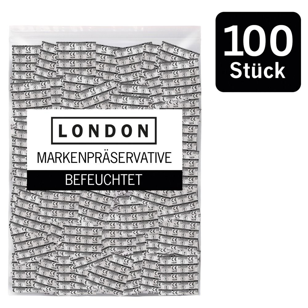 Sachet de préservatifs emballés individuellement. Inscription : LONDON, MARKENPRÄSERVATIVE, BEFEUCHTET. Carré noir avec "100 Stück".