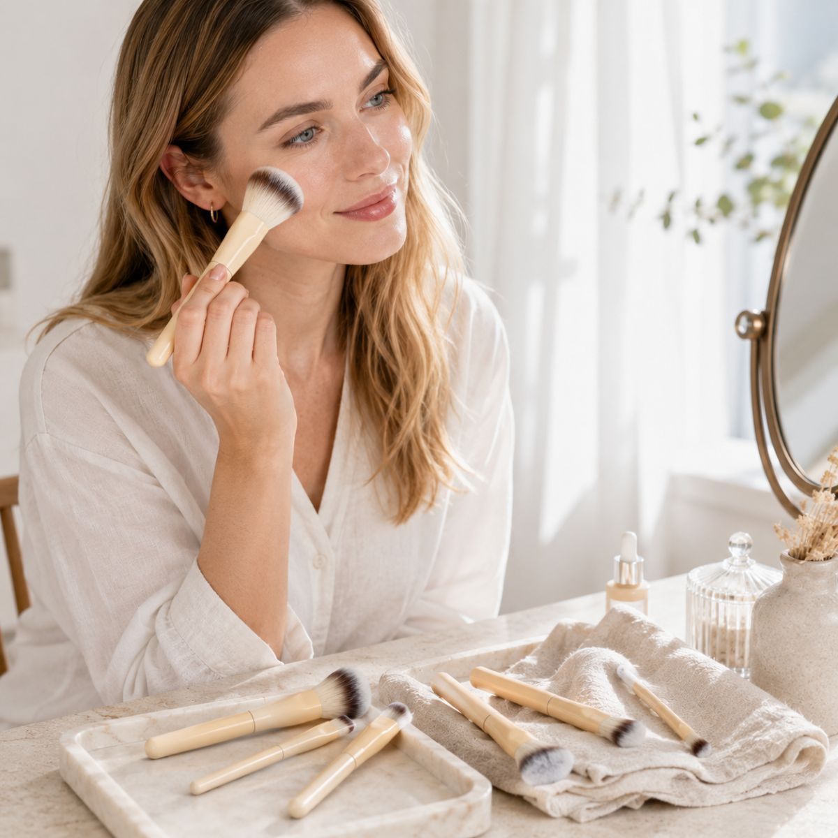 Een vrouw brengt make-up aan. Meerdere make-upkwasten liggen op een handdoek.