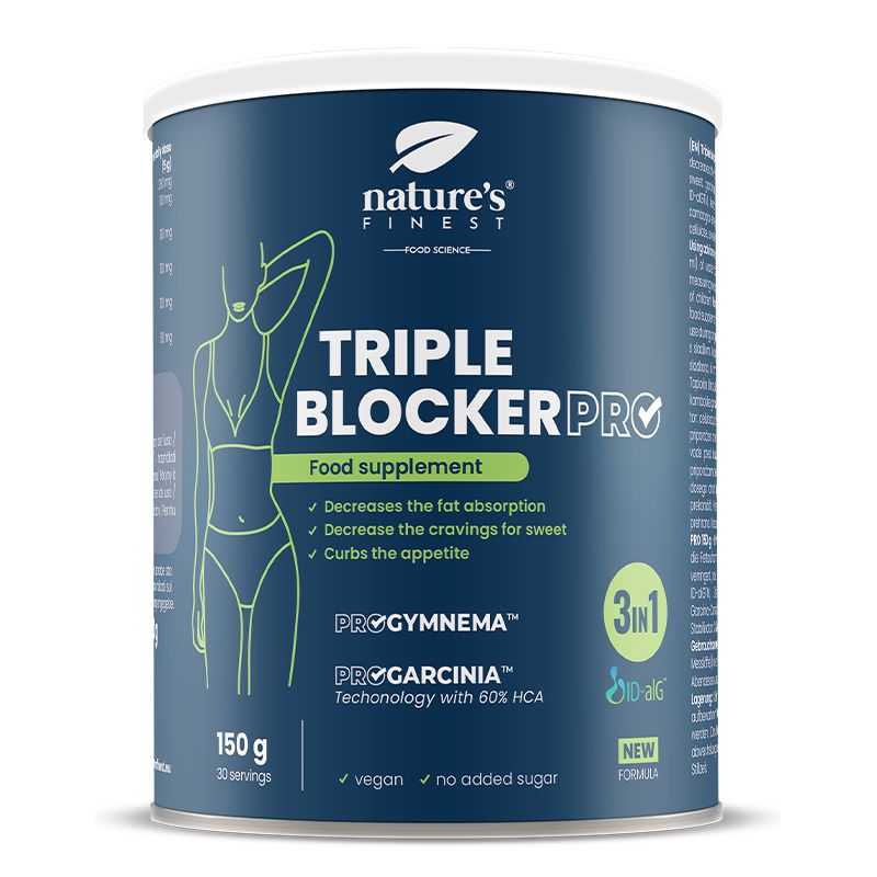 Pot Nature's Finest Triple Blocker PRO. Blauwe pot met witte deksel. Opschrift: Triple Blocker PRO, 3-in-1 supplement.