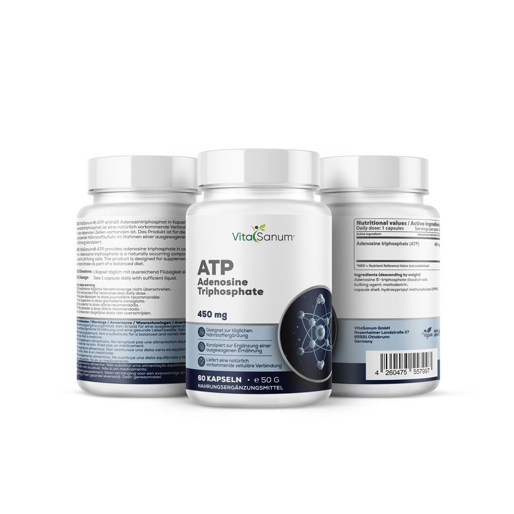 Drie witte flessen met etiketten. De middelste fles toont "VitaSanum" en "ATP Adenosinetrifosfaat". 60 capsules.