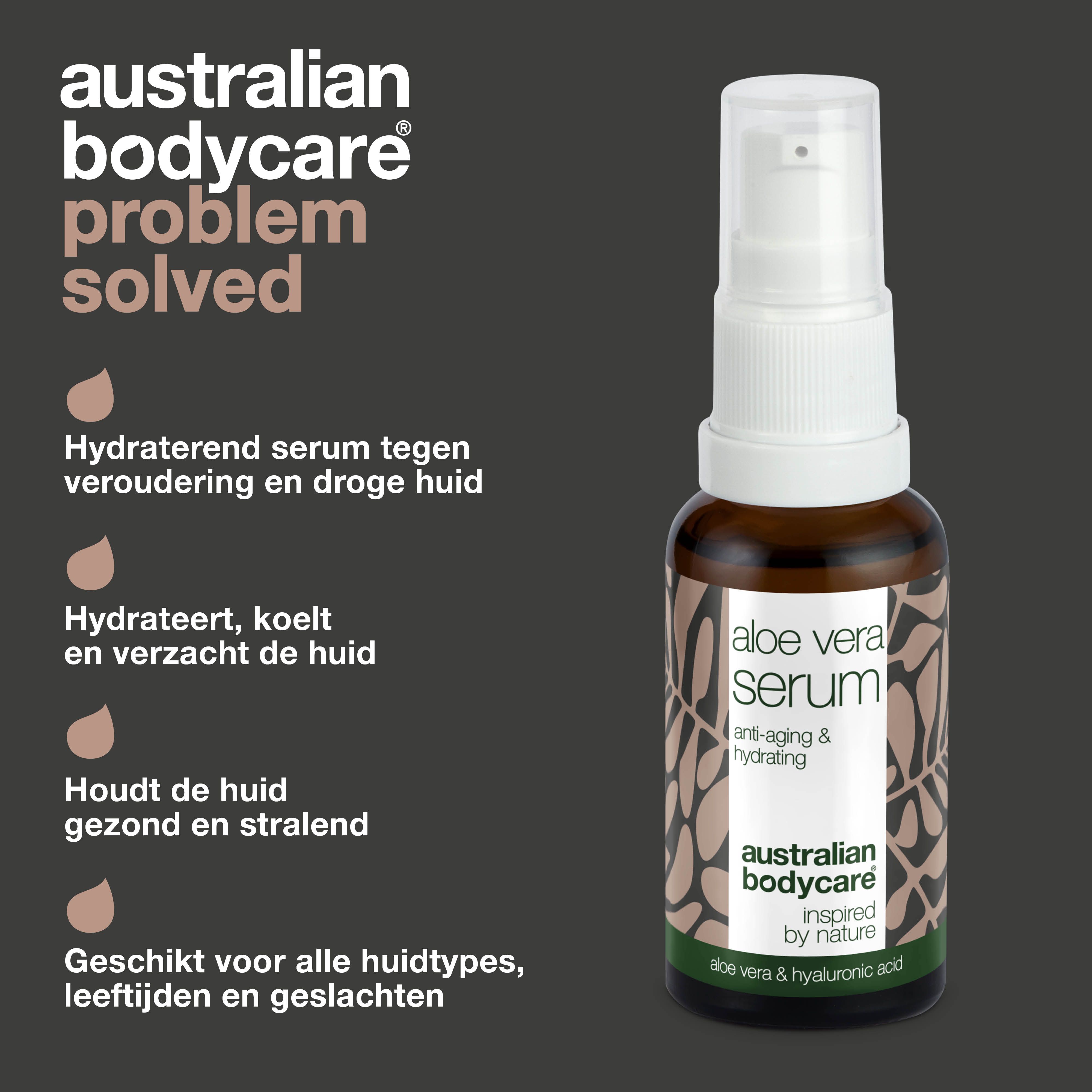 Fles serum. Tekst: Probleem opgelost. Productnaam: Australian Bodycare Aloe Vera Serum. Bruine fles met pomp.