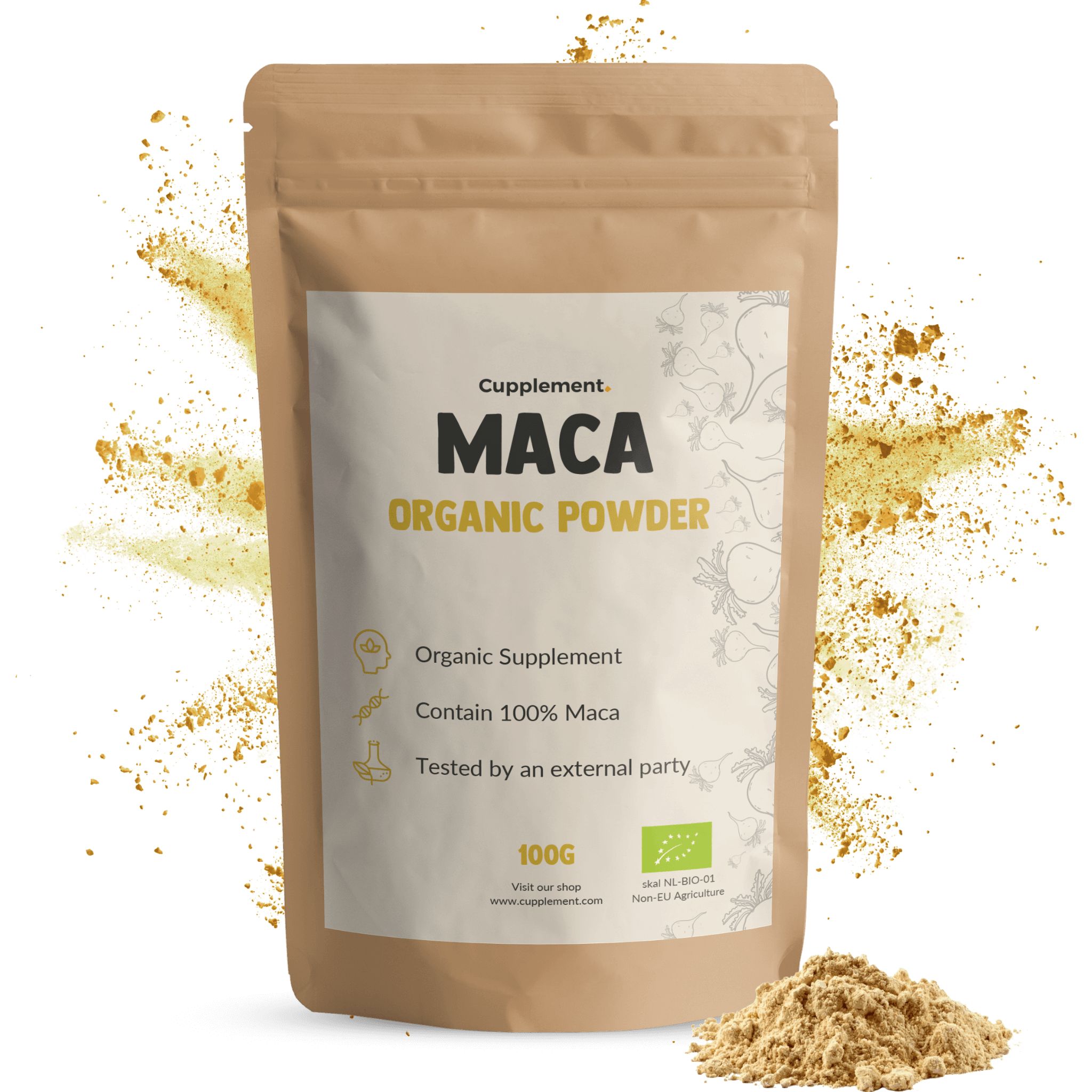 Zakje Maca poeder. Opschriften: Maca, Organic Powder, 100g. Bruine verpakking. Bio-keurmerk.