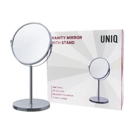Miroir cosmétique grossissant 5x, pivotant à 360°, sur pied rond. Acier inoxydable.