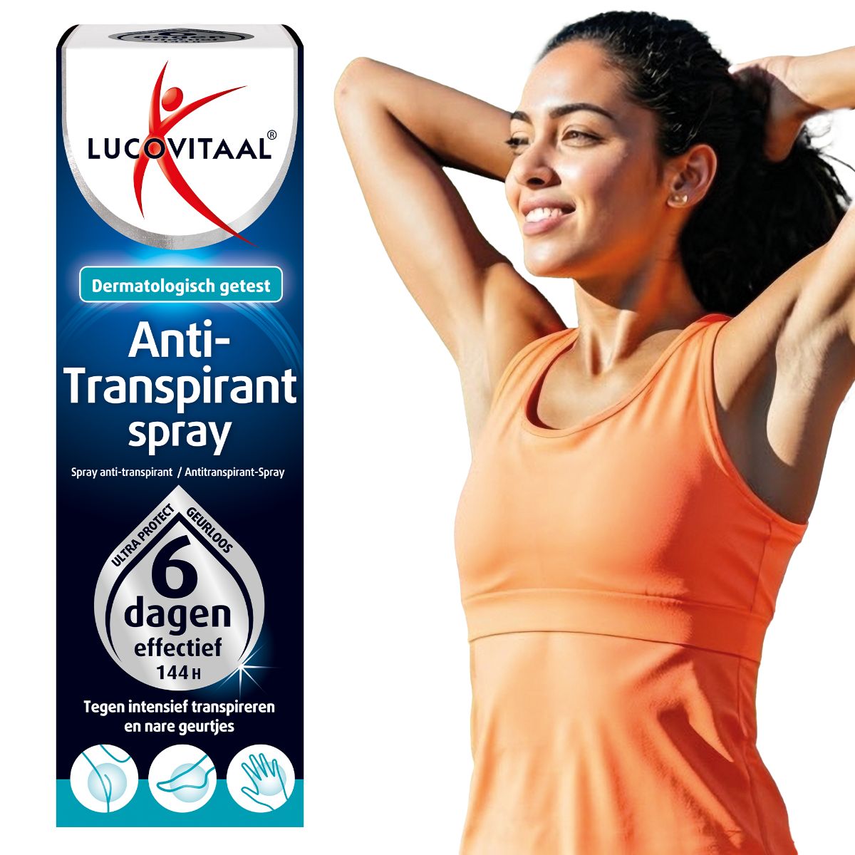 Image du produit avec une femme. Montre le flacon de spray anti-transpirant. Emballage avec logo et nom du produit.