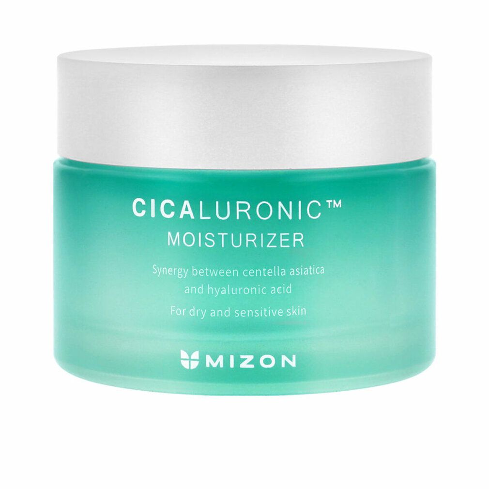 Turquoise pot met witte deksel. Opschrift: Cicaluronic Moisturizer, MIZON logo.