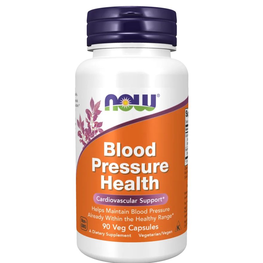Flacon blanc avec bouchon violet. Inscription : Blood Pressure Health. 90 gélules végétales. Complément alimentaire.