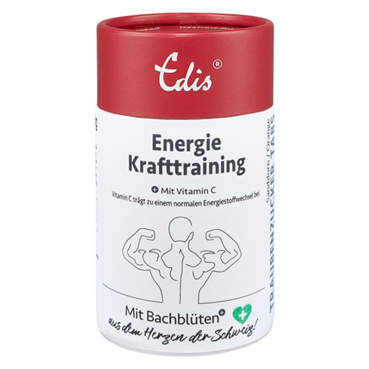 Cilindervormige koker met rode deksel. Opschrift: 'Edis Energie Krafttraining' en 'Mit Bachblüten'. Illustratie van een man.