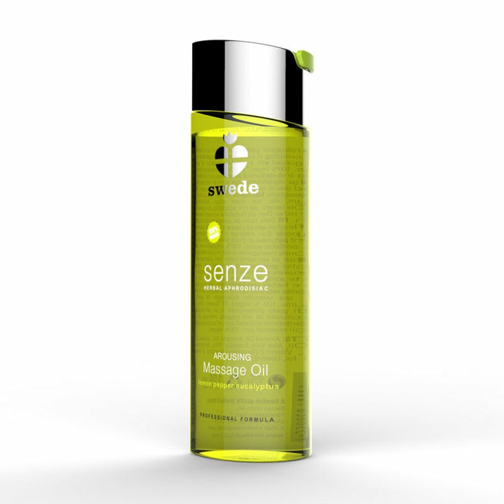 Huile de massage Swede Senze, 100ml. Liquide jaune dans une bouteille transparente avec bouchon argenté.