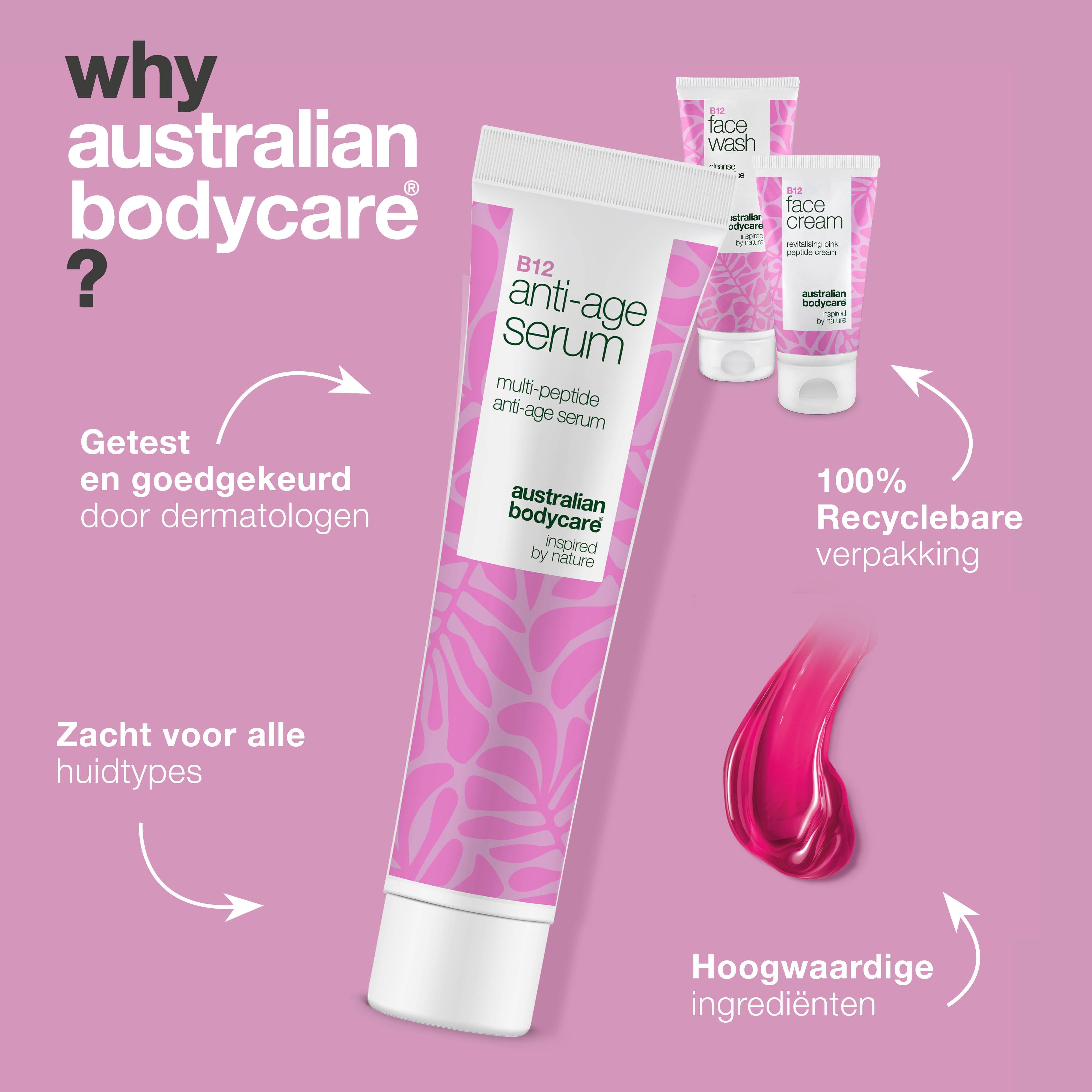Anti-Age Serum tube. Tekst: Getest, dermatologisch goedgekeurd, voor alle huidtypes, 100% recyclebare verpakking.