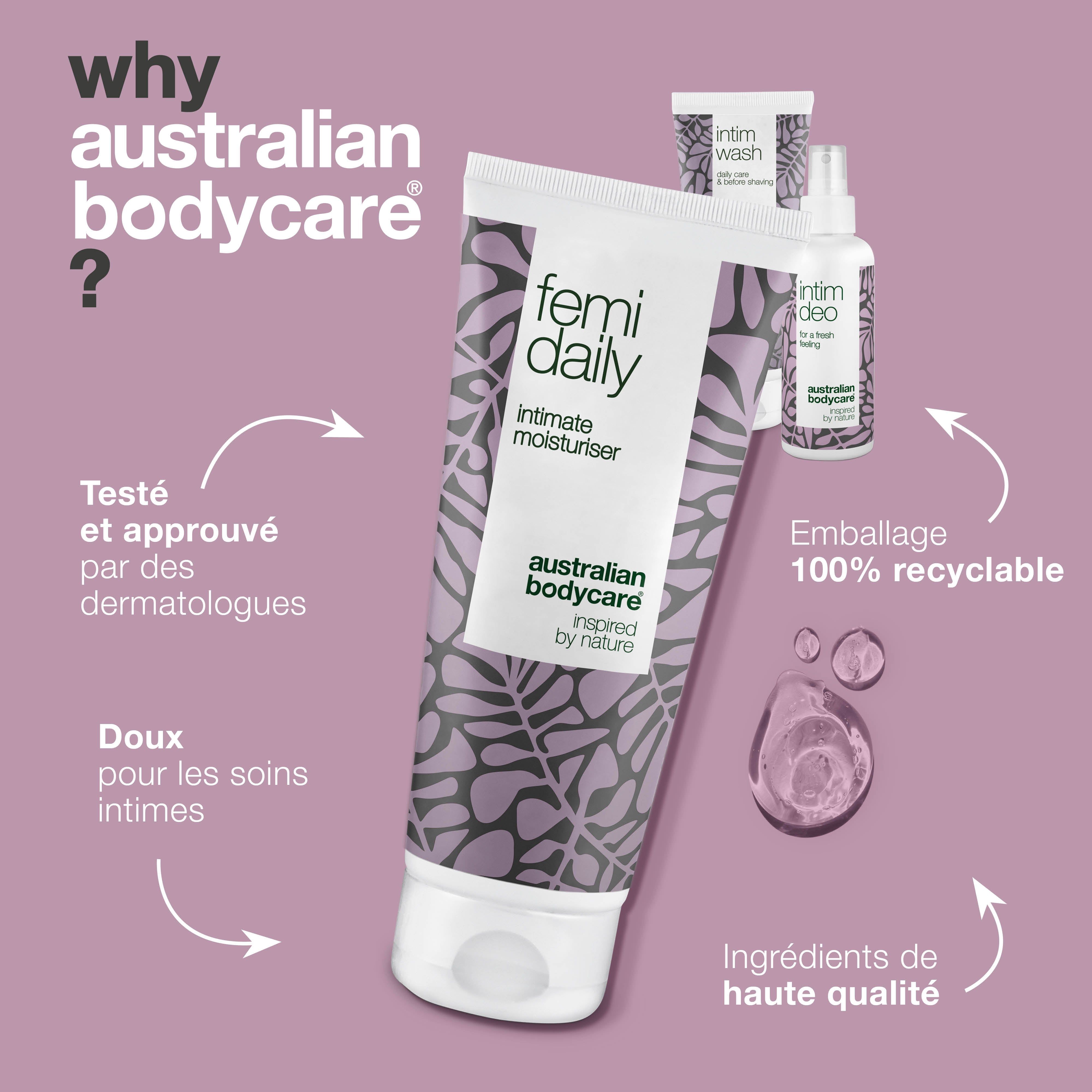 Graphique : Pourquoi Australian Bodycare ? Produits : Femi Daily, Intim Wash, Intim Deo. Avantages : testé dermatologiquement, 100% recyclable.