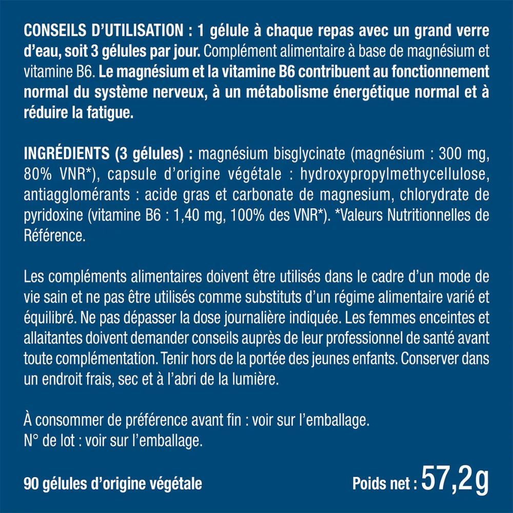 Texte. Conseils d'utilisation : 3 gélules par jour. Ingrédients, valeurs nutritionnelles. 90 gélules. Poids net : 57,2 g.