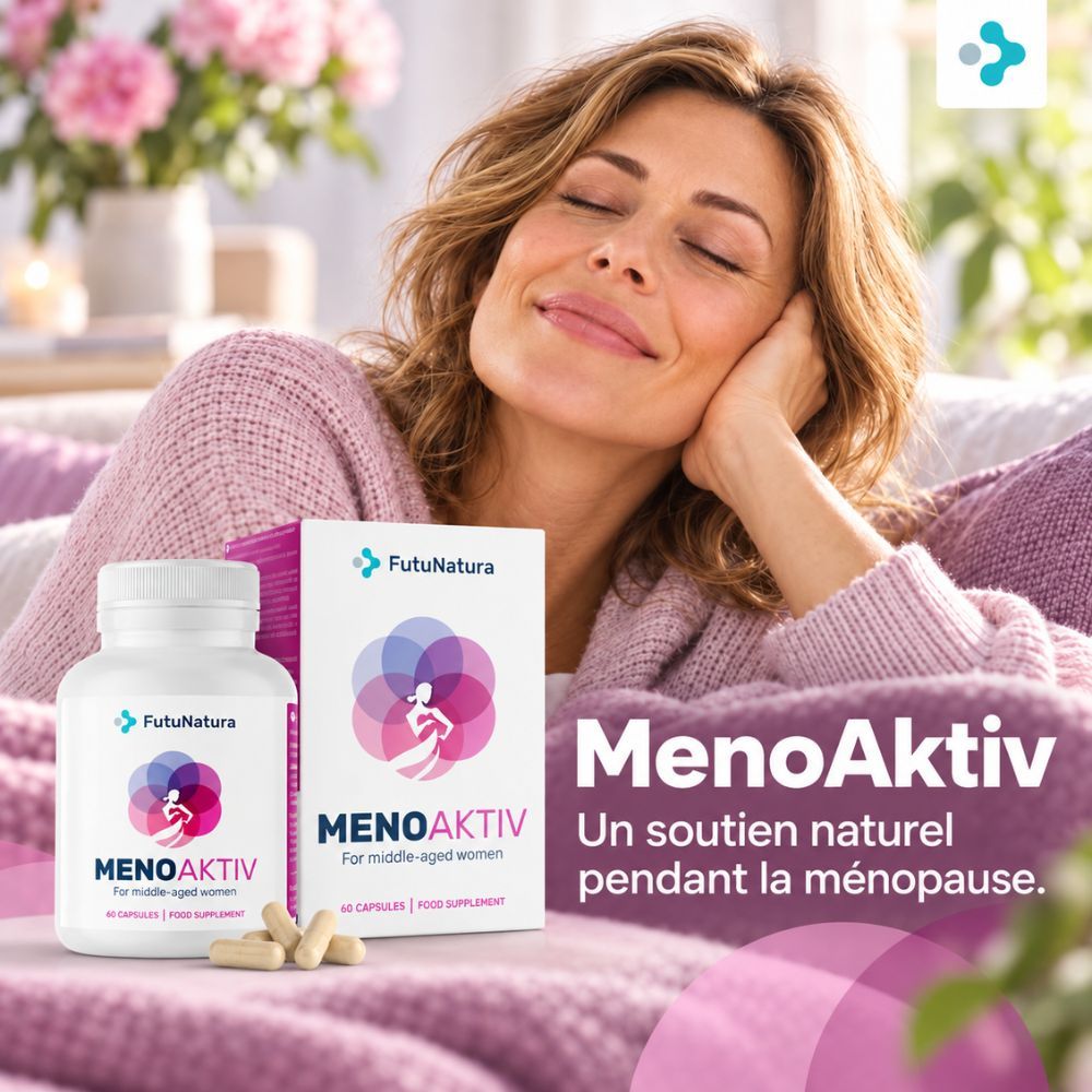 FutuNatura MenoAktiv : Femme détendue avec la bouteille et la boîte du produit.