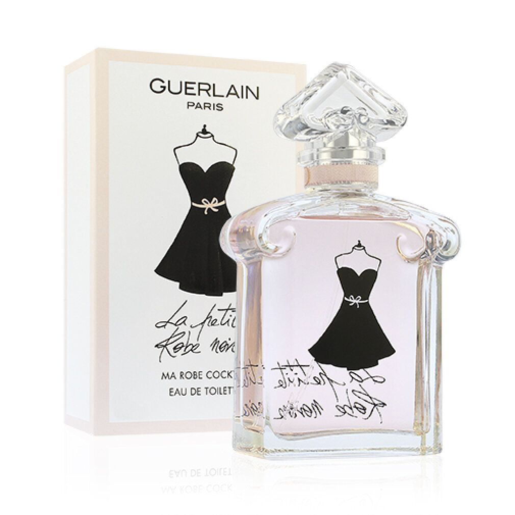 Fles en verpakking. Fles met roze vloeistof, zwart jurk-ontwerp. Verpakking met logo en productnaam. Guerlain Paris.
