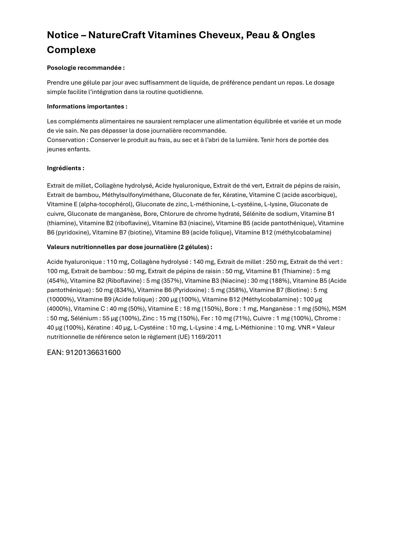 Page de texte avec informations produit. Texte: NatureCraft Vitamines Cheveux, Peau & Ongles Complexe. Recommandations de dosage.